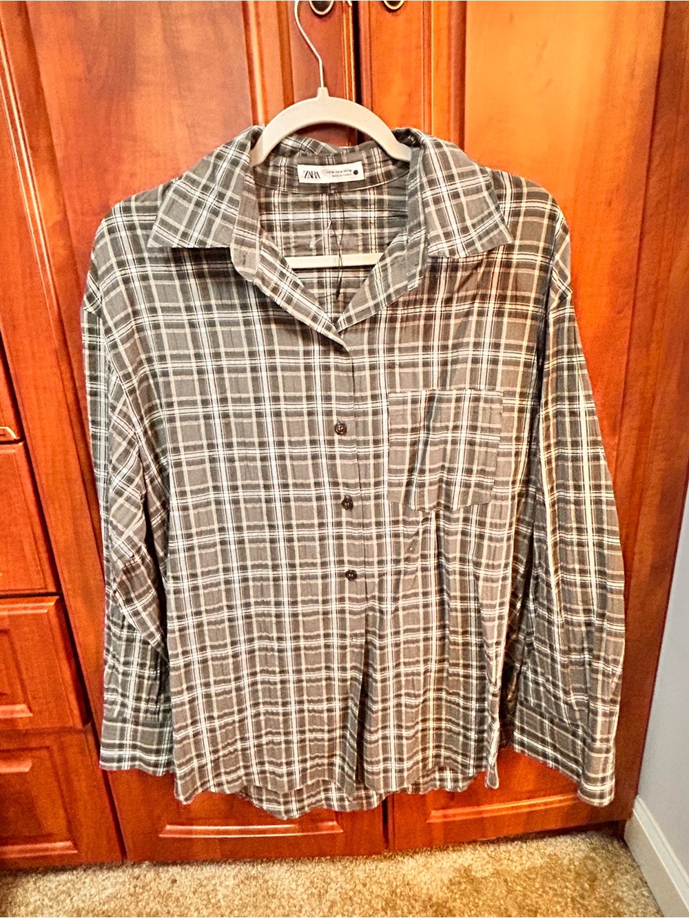 Zara Greenish Gray and White Plaid Button-Down Shirt